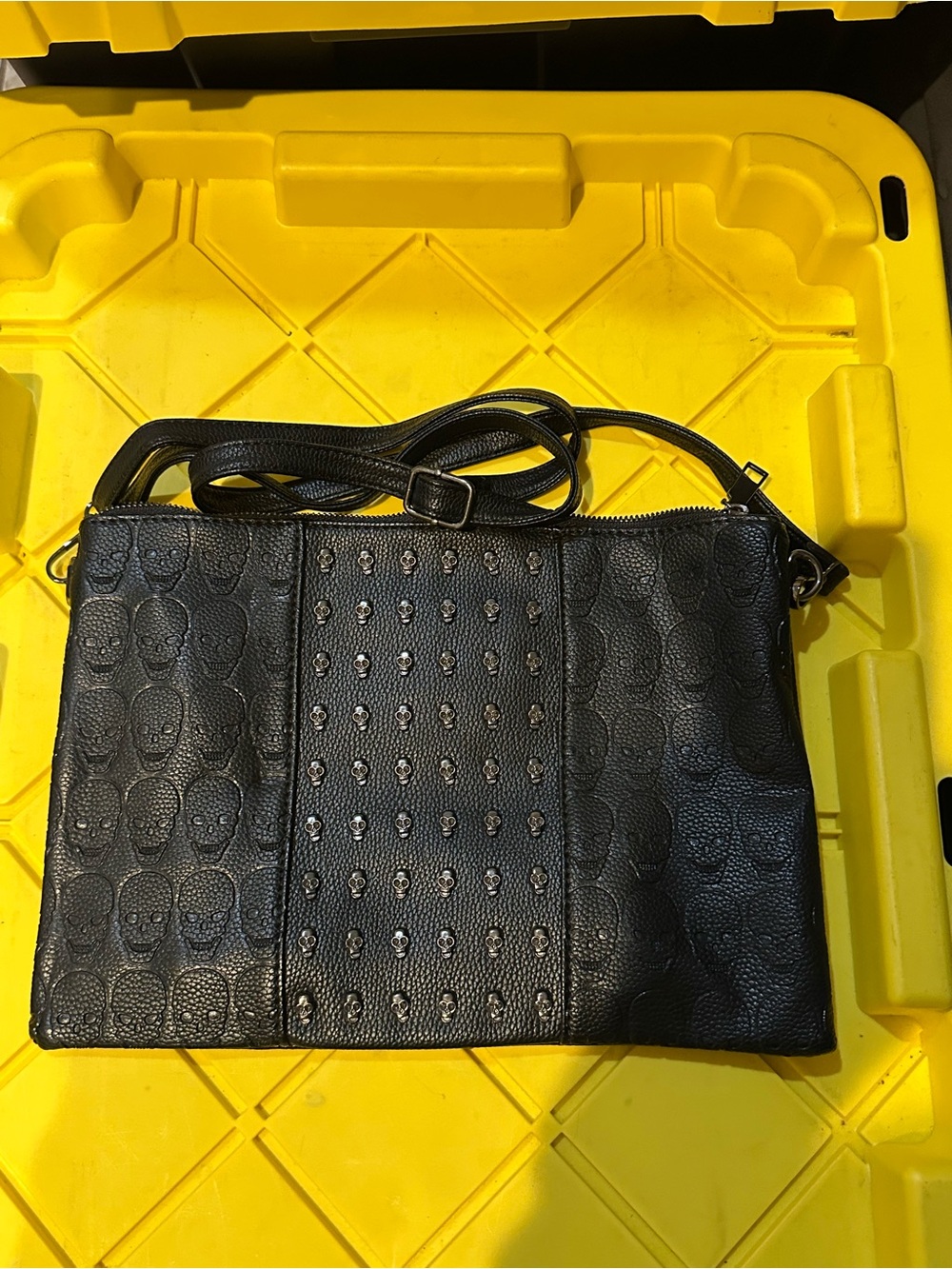 Black Skull-Embossed Crossbody Bag with Studded Panel